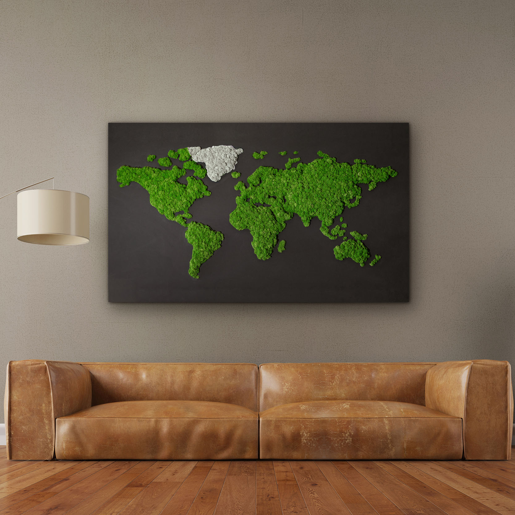 Moosbild "Weltkarte" mit Islandmoos 200 x 120 cm auf Holzfaserplatte schwarz lackiert - 1