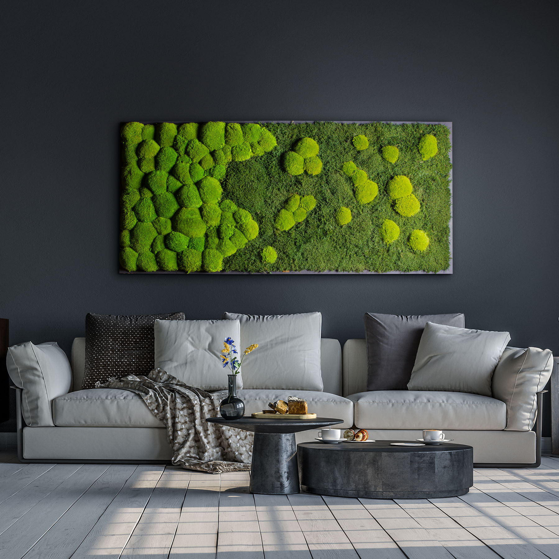 Moosbild "Verlauf" mit Wald- und Ballenmoos 182 x 82,5 cm auf Holzfaserplatte anthrazit - 1