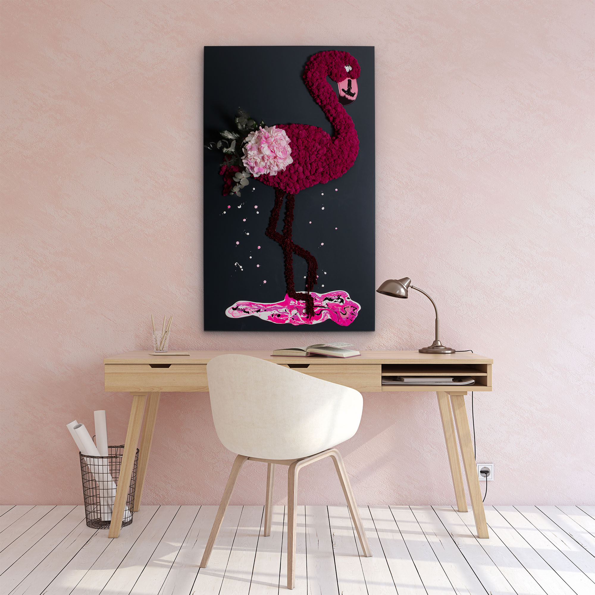 Moosbild "Ringo Flamingo" aus Islandmoos, Hortensien & Pflanzen 100x60 cm Holzfaserplatte anthrazit - 1