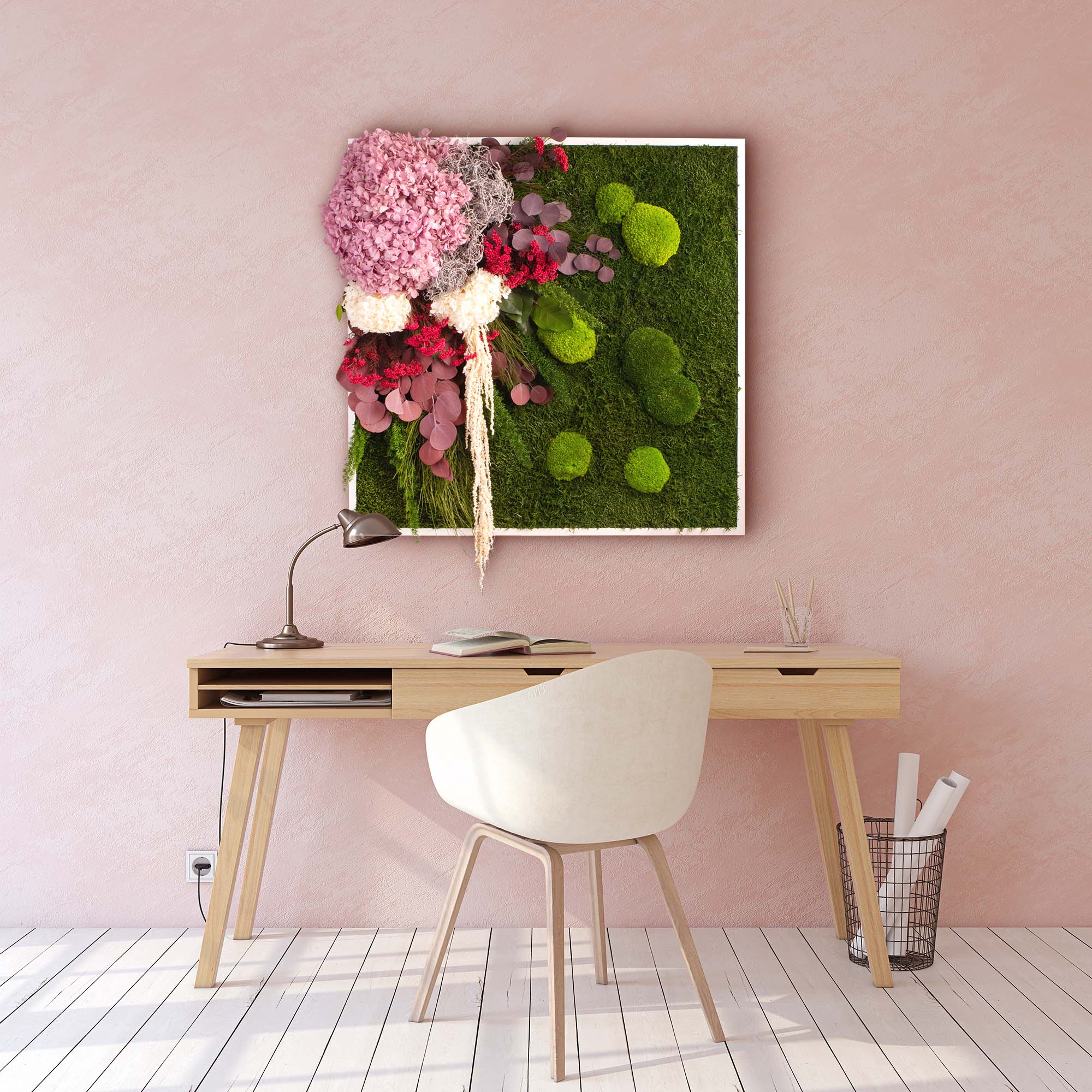 Moosbild Wald- & Ballenmoos mit Hortensien rosé 80 x 80 cm Tischlerrahmen weiß - 1