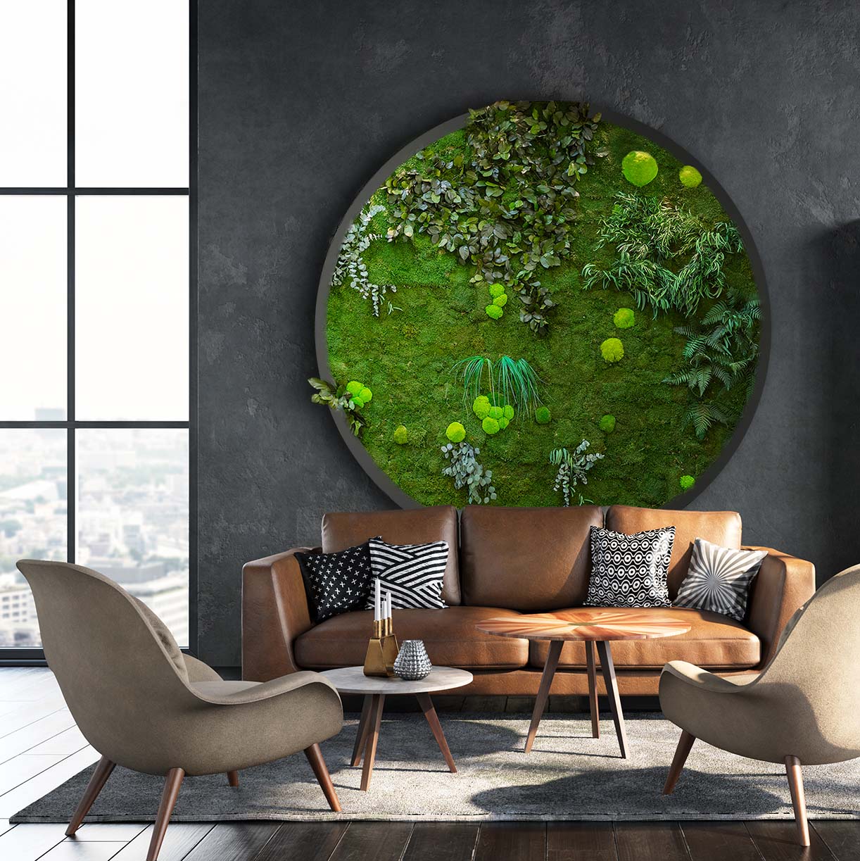 Moosbild Gigant Rund Nature Eye London No. 3 Pflanze auf Holzfaserplatte schwarz lackiert matt - 1